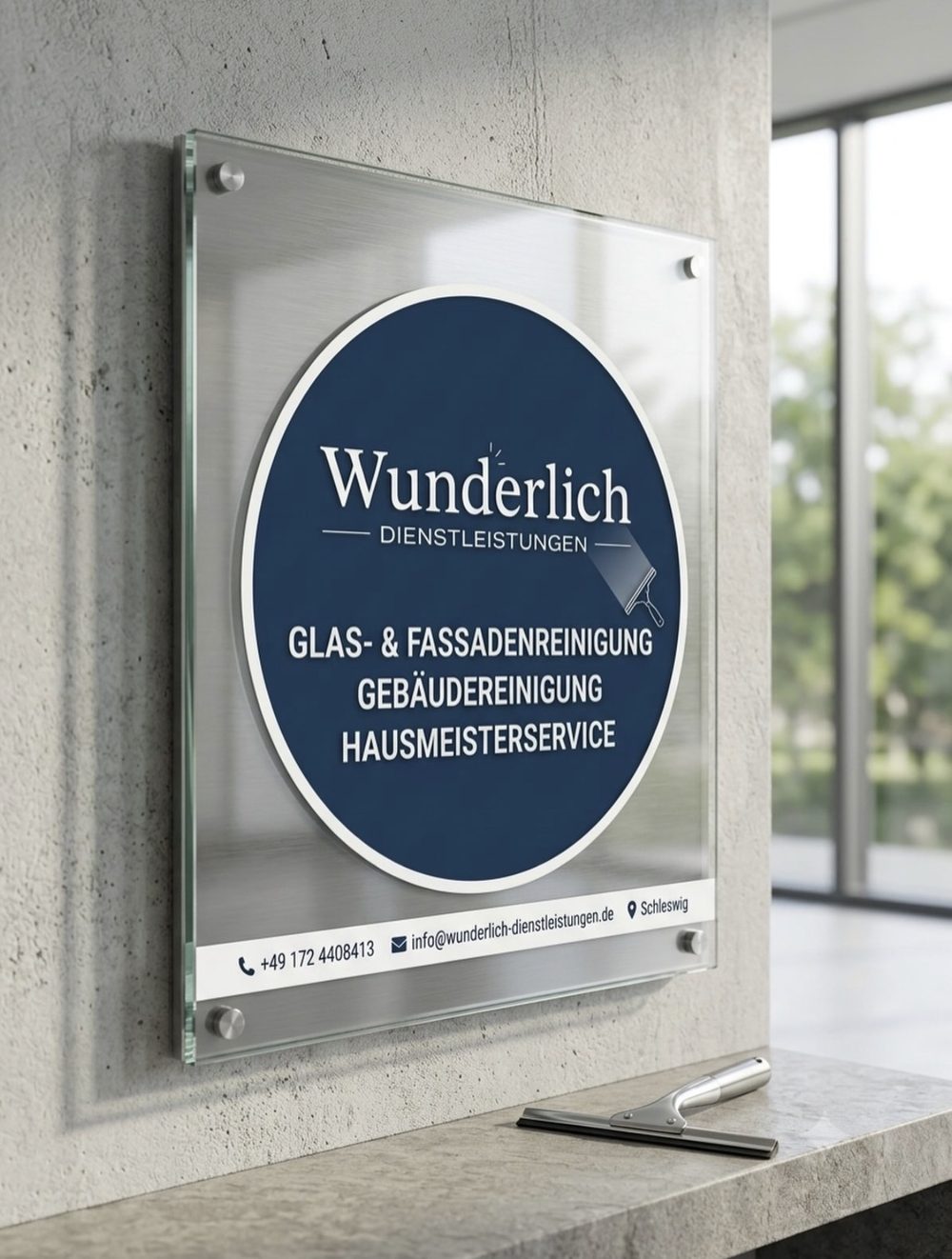 Firmenschild Wunderlich Dienstleistungen an einer Wand mit Fensterfront